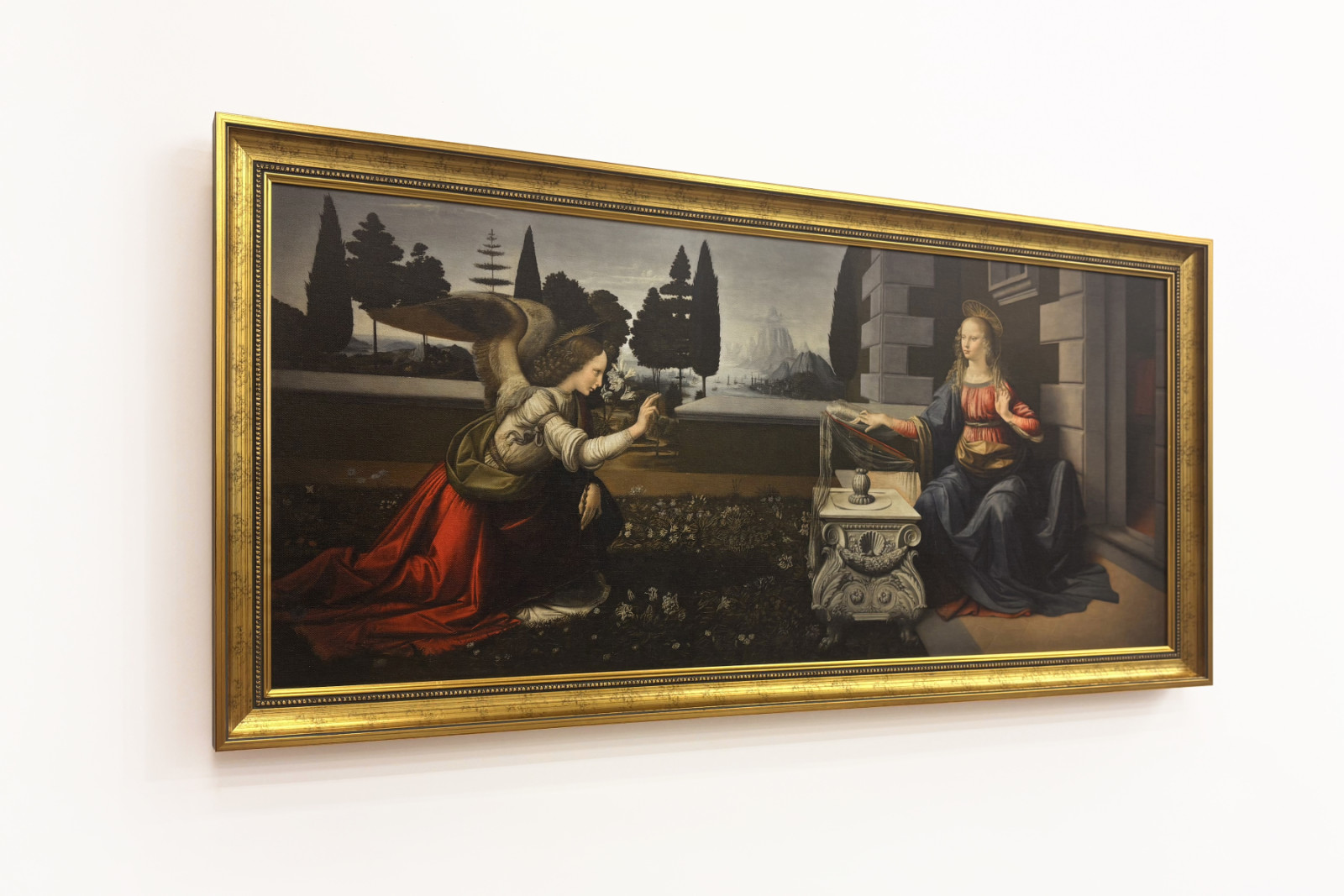 Italien Toskana Florenz, Uffizien: Die Verkündigung, Gemälde von Leonardo da Vinci (1452-1519), Öl auf Holz, ca. 1472-1475, 98x217 cm - Leonardo da Vinci