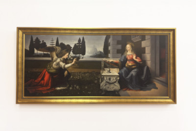 Italien Toskana Florenz, Uffizien: Die Verkündigung, Gemälde von Leonardo da Vinci (1452-1519), Öl auf Holz, ca. 1472-1475, 98x217 cm