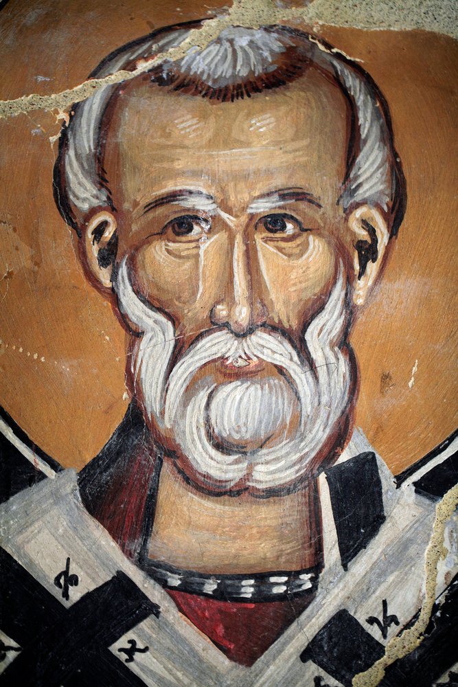Byzantinisches Fresko aus dem 15. Jahrhundert (Detail) Heiliger Nikolaus Wandmalerei Michael-Archangel-Kapelle, Dorf Galata, Zypern, Bemalte Kirchen UNESCO-Stätte Troodos, Zypern von Unknown