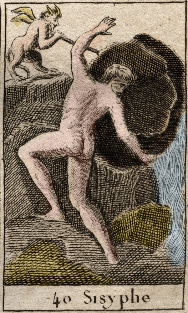 Sisyphus, Illustration aus Mythologie de la Jeunesse, 1803 von French School