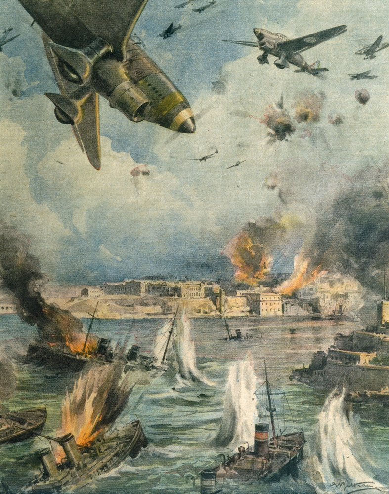 Große Achsenluftoffensive über Malta, Illustration von Achille Beltrame, aus La Domenica del Corriere, 25. Januar 1942 von Achille Beltrame