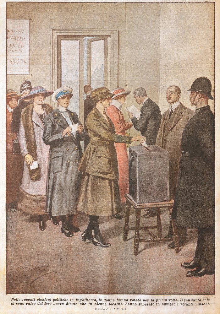 Politische Wahlen in England: Frauen wählen zum ersten Mal, Illustration von Achille Beltrame von Achille Beltrame