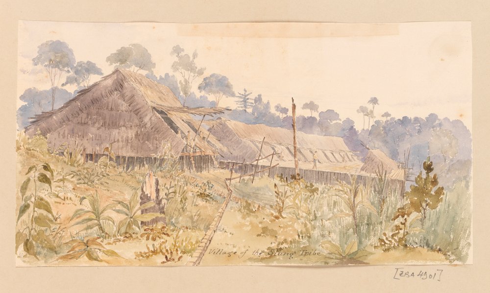 Dorf des Stang-Stammes aus Westindien, Nordamerika und Borneo-Sammelalbum