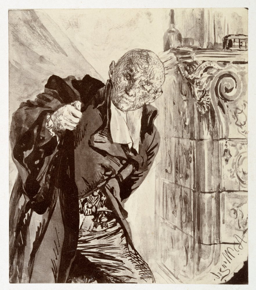 Adam zieht, rechts neben einem Kachelofen stehend, seinen Richtertalar an, zu Heinrich von Kleist „Der zerbrochene Krug“ von Adolph Menzel