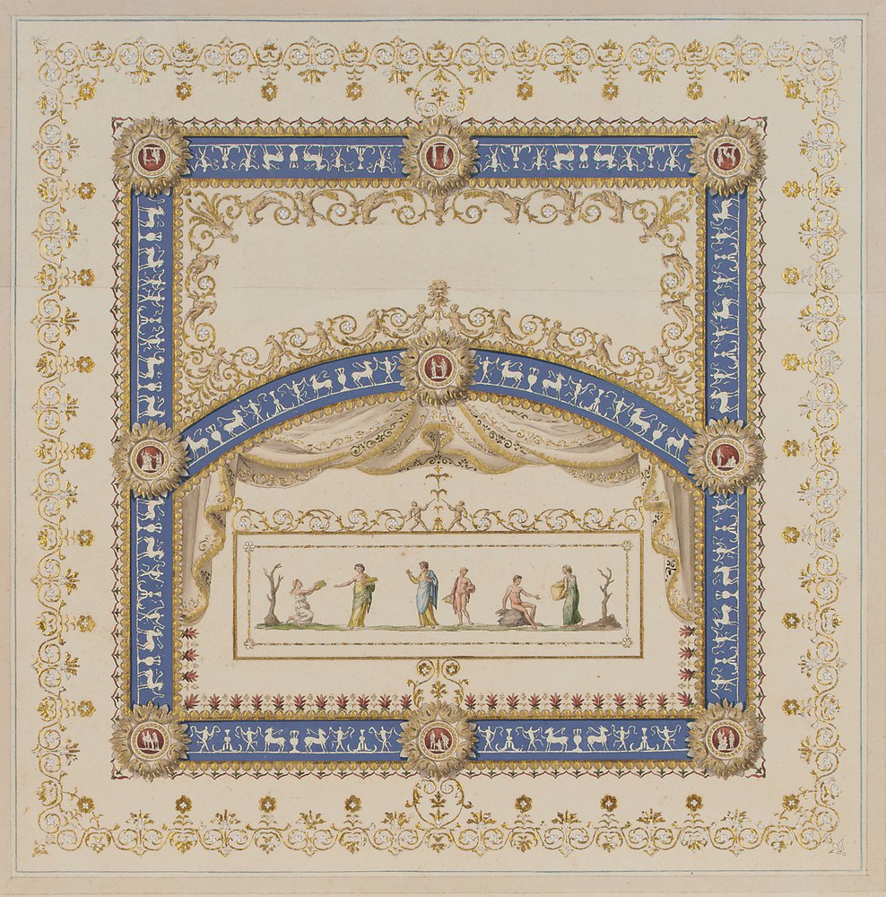 Deckenentwürfe im antiken Stil, mit zentralen Szenen der Götter in Friesen von Agostino (attr.) Brunias