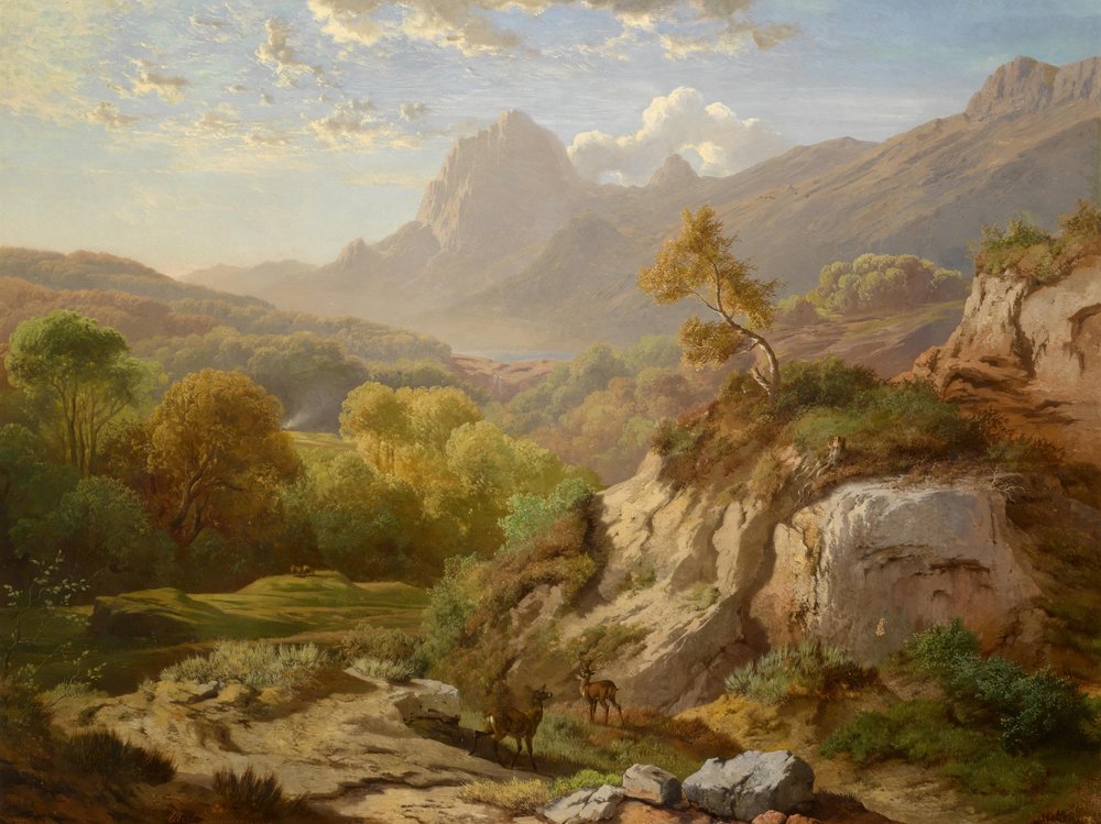 Rotwild in einer weiten Gebirgslandschaft von Albert August Zimmermann