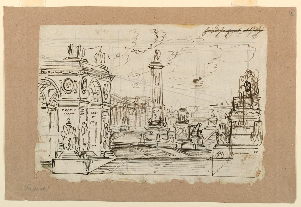 Bühnenbild, Gruppe antiker Denkmäler von Angelo Toselli