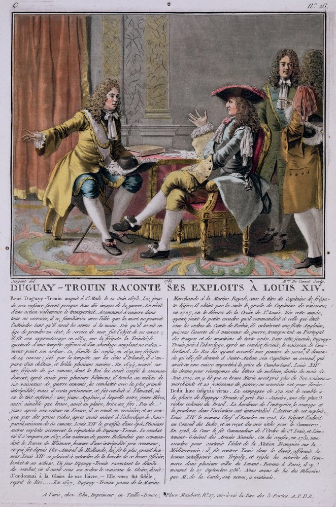 Duguay-Trouin (1673-1736) erzählt Ludwig XIV. von seinen Marineabenteuern, graviert von Madame de Cernel (1753-1834), 1789 von Antoine Louis Francois Sergent-Marceau