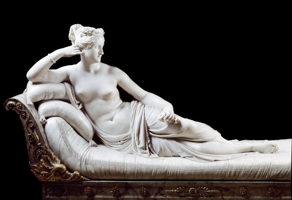Pauline Bonaparte, Fürstin Borghese (1780-1825), Schwester Napoleons I., als siegreiche Venus dargestellt. Marmorskulptur, 1804-1808. Rom, Galleria Borghese von Antonio Canova