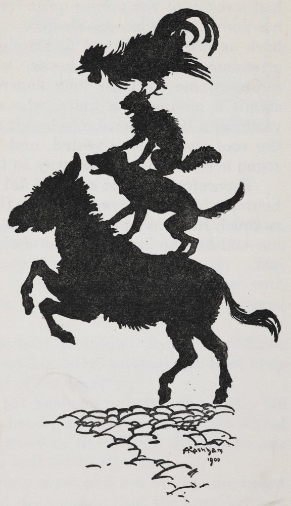 Illustration aus den Bremer Stadtmusikanten mit einem Esel, einem Hund, einer Katze und einem Hahn. von Arthur Rackham