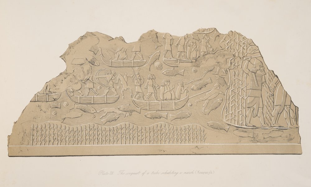 Die Eroberung eines Stammes, der in einem Sumpf lebt (Kouyunjik), aus Denkmäler von Ninive, veröffentlicht 1849 von Austen Henry Layard