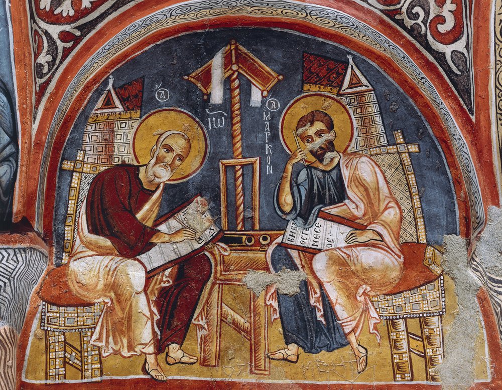 Evangelisten Lukas und Matthäus schreiben Evangelien, Karanlik Kilise (Dunkle Kirche) (12.-13. Jahrhundert), Göreme (Unesco-Welterbeliste) von Byzantine
