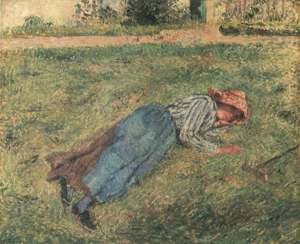 Die Rast, im Gras liegende Bäuerin, Pontoise von Camille Jacob Pissarro