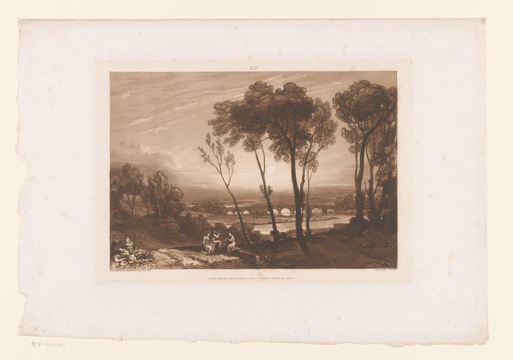 Landschaft mit drei Hirten und Brücke mit acht Bögen von Charles Turner