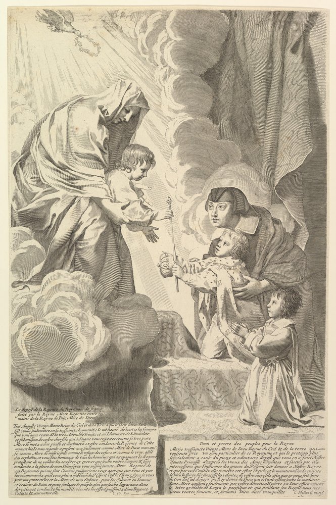 Anne von Österreich mit dem jungen Ludwig XIV. und Monsieur vor der Jungfrau und dem Kind von Claude Mellan
