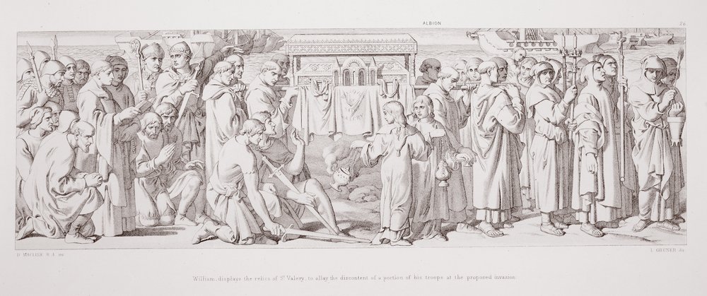 William zeigt die Reliquien von St. Valery, um die Unzufriedenheit eines Teils seiner Truppen bei der geplanten Invasion zu besänftigen, aus 