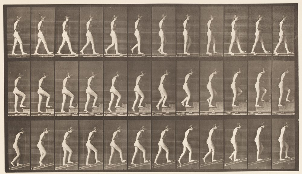 Tafel 482. A, Gehen; B, Treppen steigen; C, Abwärts geneigt von Eadweard Muybridge