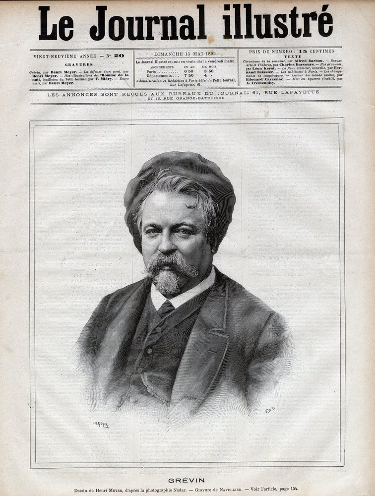 Alfred Grevin (1827-1892) Bildhauer, Karikaturist, Karikaturist, Karikaturist und Designer französischer Theaterkostüme - Gravur von Navellier nach einem Foto von Nadar in „The Illustrous Journal“ von 1892 von Edouard Felicien Eugene Navellier