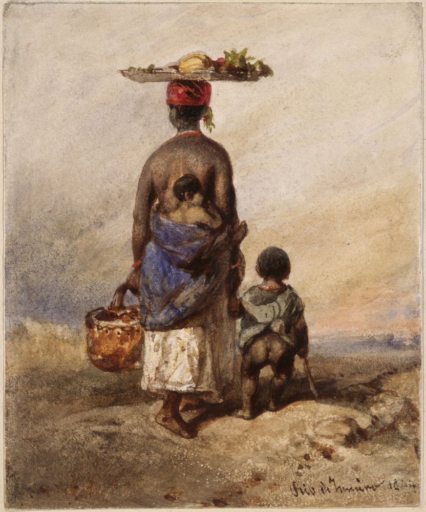 Eine vom Rücken gesehene Afrobrasilianerin mit zwei kleinen Kindern von Eduard Hildebrandt