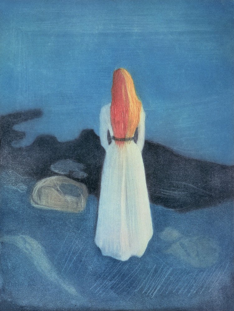 Junges Mädchen auf einem Steg (farbige Radierung und geschabte Aquatinta) von Edvard Munch