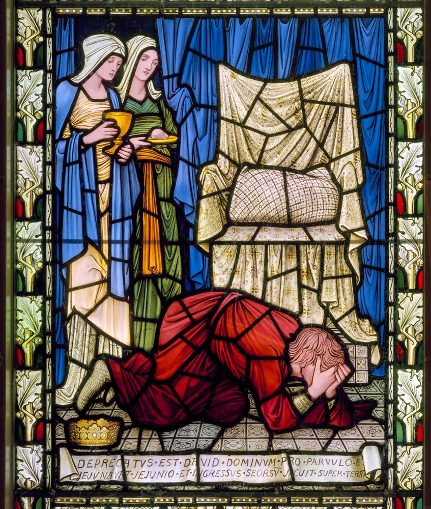 König David weint und betet für das Leben seines kranken Kindes und akzeptiert dann mit Tapferkeit den Tod des Kindes, ca. 1896 von Edward Burne-Jones