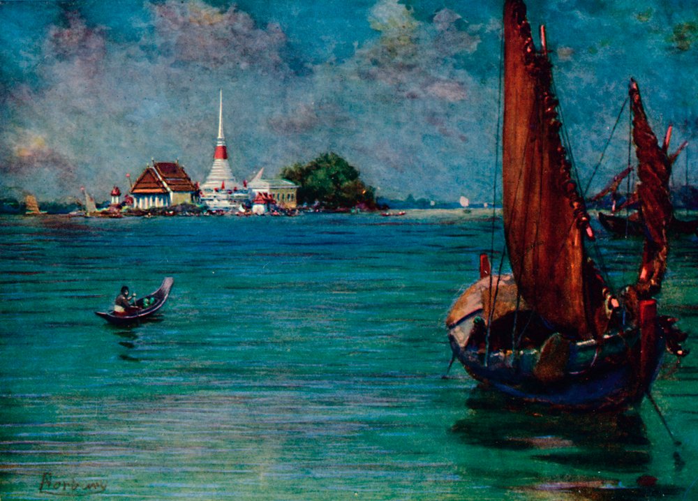 'Ein Fischerboot vor der Inselpagode von Paknam', 1913 von Edwin Norbury