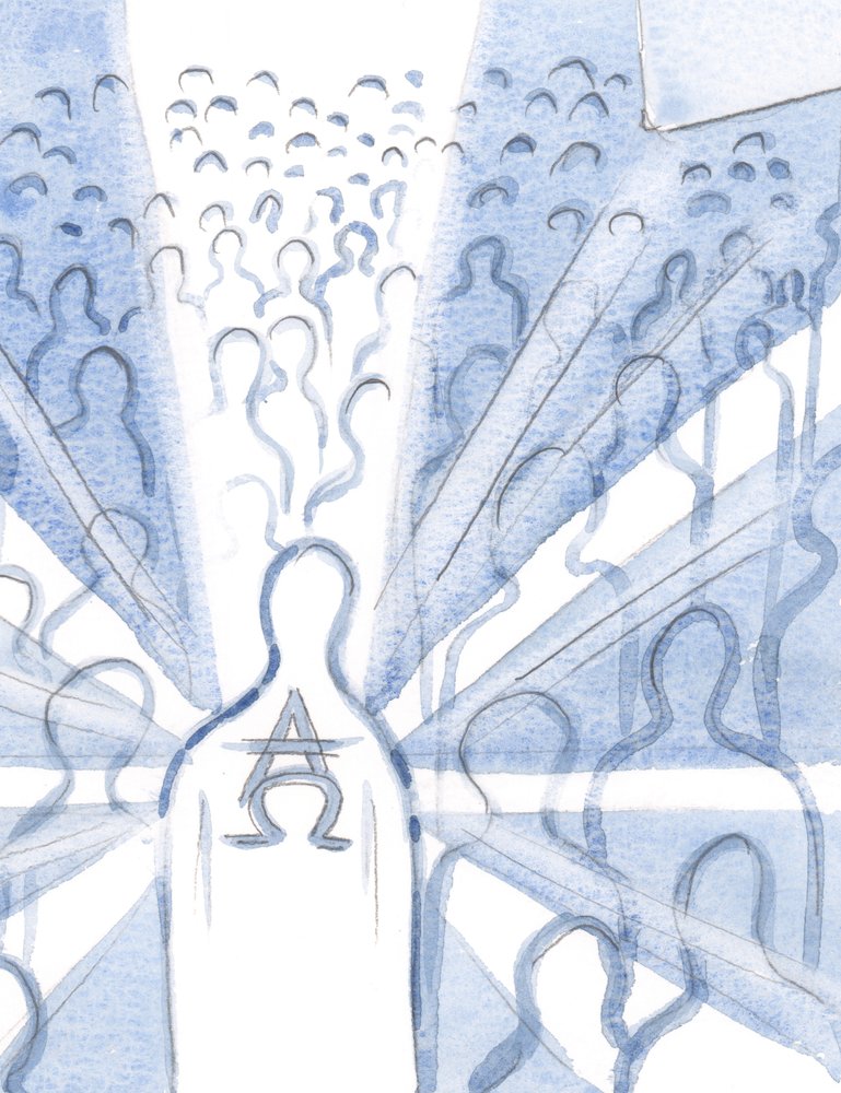 In der Seele, die die Heilige Dreifaltigkeit anbetet, ist Gott der Erste und Letzte, Alpha und Omega, dort durch das Einverständnis der Seele mit Gottes Willen thronend von Elizabeth Wang