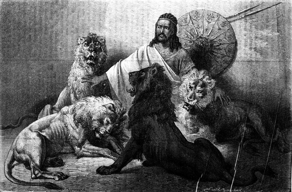 Der Kaiser (Ras) Theodoros von Abessinien umgeben von seinen Löwen. Gravur aus der Mitte des 19. Jahrhunderts. Illustration von Emile Bayard. von Emile Antoine Bayard
