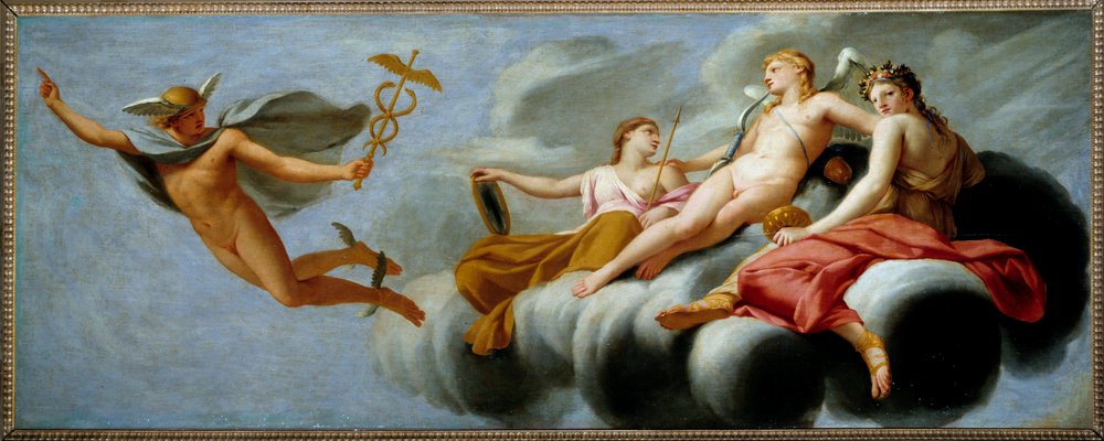 Amor befiehlt Merkur, dem Universum seine Macht zu verkünden. Hermes hat sein Attribut abgelegt. 1646, 1 x 2,5 m von Eustache Le Sueur