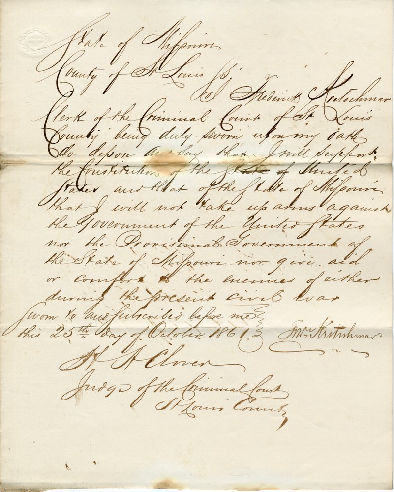 Loyalitätseid von Frederick Kretschmar, Staat Missouri, County of St. Louis von F. Kretschmar
