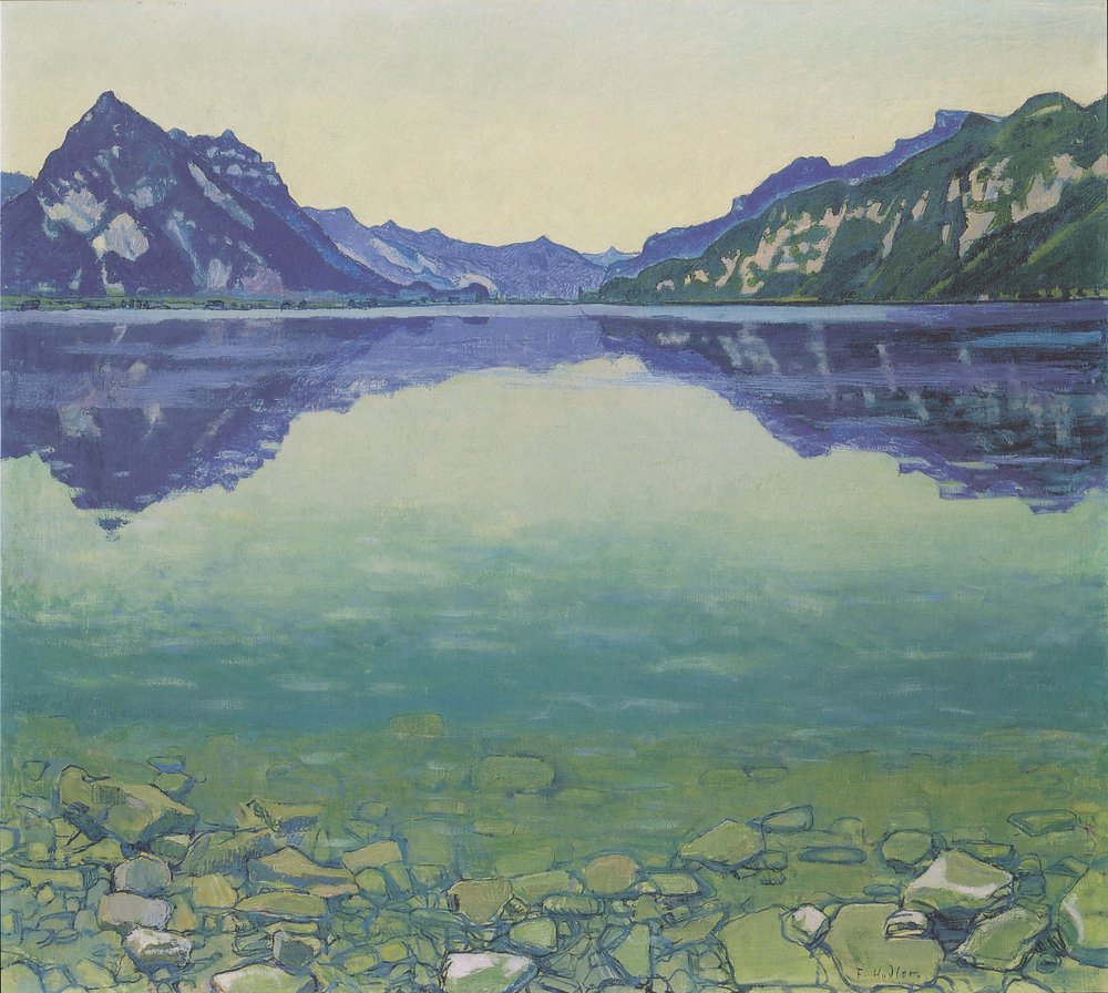 Thunersee mit symmetrischer Spiegelung vor Sonnenaufgang von Ferdinand Hodler
