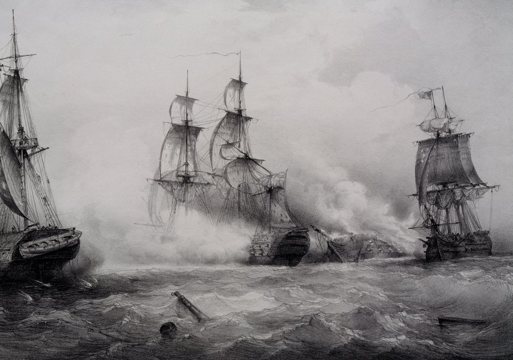 Kampf zwischen britischen und amerikanischen Dreideckern mit 74 Kanonen, Lithographie von Ferdinand Perrot von Ferdinand Victor Perrot