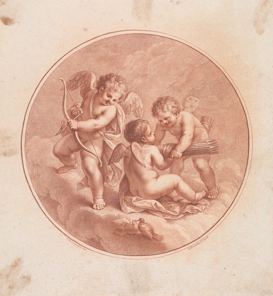 Drei Cupidos mit Bögen und Pfeilen und zwei Tauben von Francesco Bartolozzi