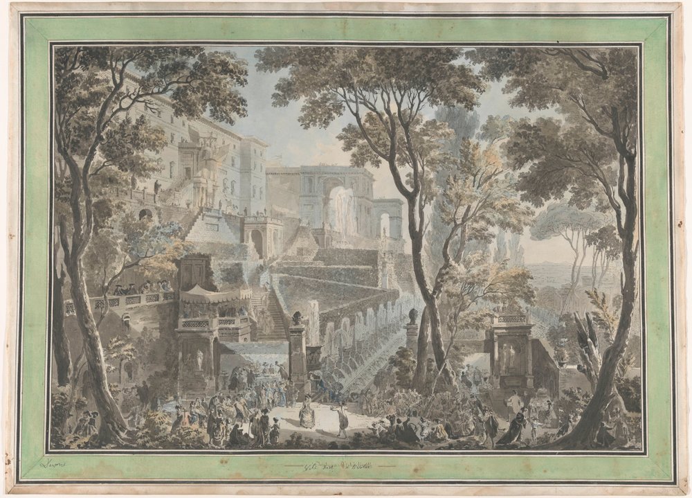 Palazzo der Villa d’Este in Tivoli, gesehen von der Fontana dell’Ovato von Francesco Piranesi