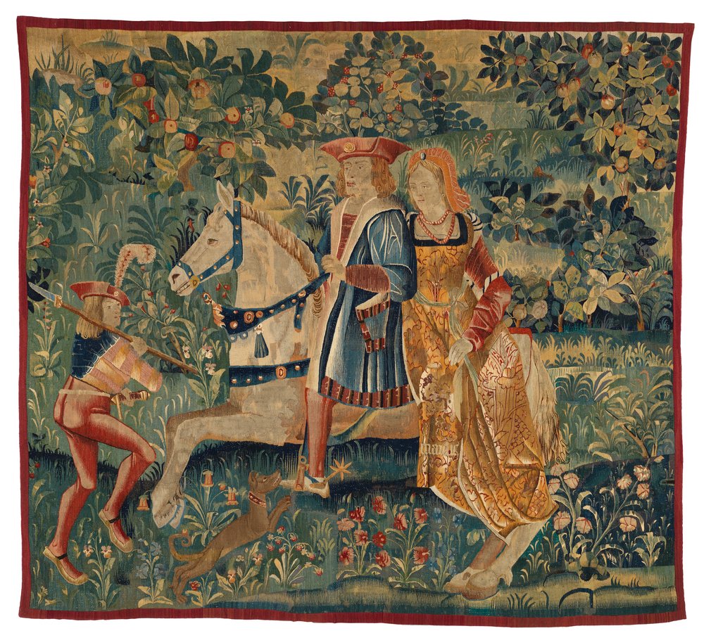 Wandteppich, Monat Mai, oder Die Falkenjagd, um 1500 (Wolle) von Franco-Flemish School
