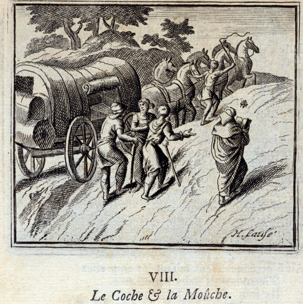 Der Karren und die Fliege. Fabeln von Jean de La Fontaine. Illustration von François Chauveau. Ausgabe von 1728 von Francois Chauveau