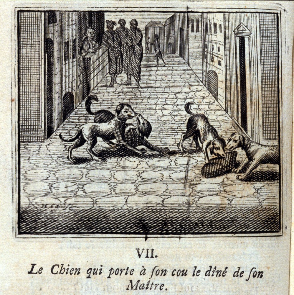 Der Hund, der das Geld seines Herrn am Hals trägt. Fabeln von Jean de La Fontaine. Illustration von François Chauveau. Ausgabe von 1728. von Francois Chauveau