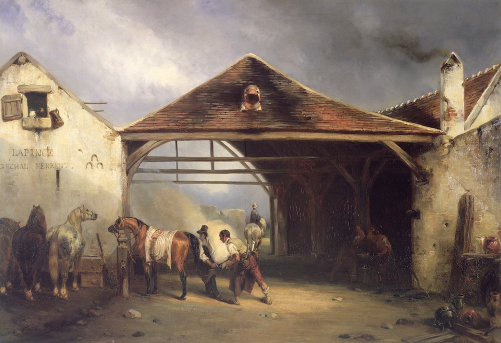 Ein Hufschmied beschlägt ein Pferd von Francois-Emile de Lansac