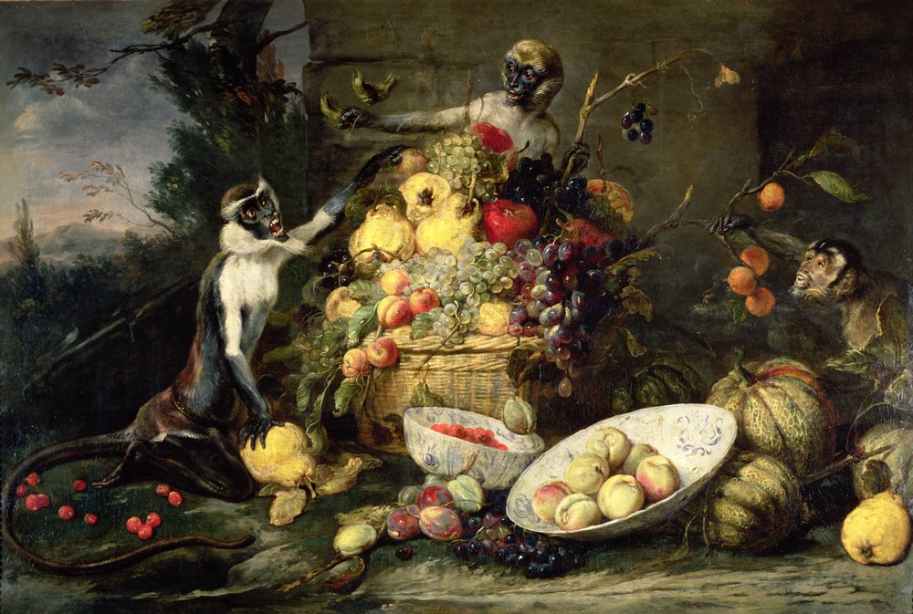 Drei Affen stehlen Obst von Frans Snyders or Snijders