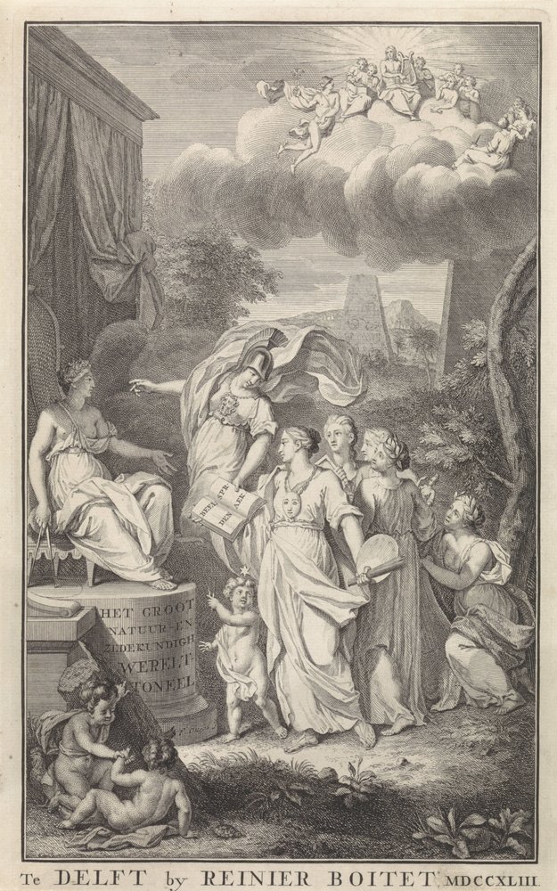 Minerva und die Künste vor einer thronenden Figur (Titelblatt für: Das große Natur- und Sittenkundliche Welttheater, Delft, R. Boitet, 1743) von Frederik Ottens
