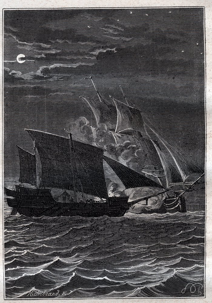 Schlacht der Schwalbe und eines malaysischen Piratenschiffs: Das Schiff Swallow von Philip Carteret oder Philippe de Carteret (1733-1796) kämpfte 1767 in den indonesischen Gewässern gegen ein malaysisches Piratenschiff - Illustration aus „Die großen Seefah von French School