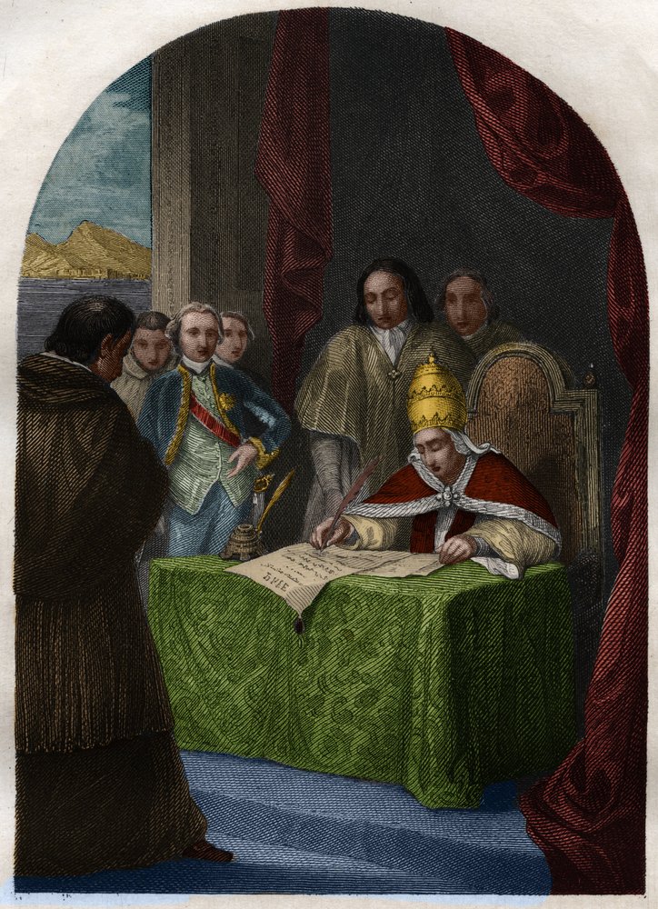 Clemens XIV. (Clemente oder Clemens) (1705-1774) hebt am 21. Juli 1773 den Jesuitenorden auf. Stich von 1842 in "Histoire des popes: crimes, murders, poisonings, parricides, adulteres, incest..." von Maurice Lachatre. Privatsammlung. von French School