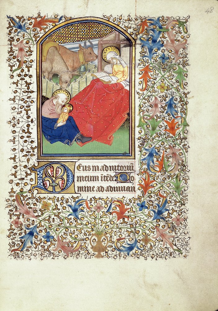 Handschrift 69, fol. 48r, Geburt Jesu, aus dem Stundenbuch des „Meisters des Jacques de Besançon“ von French School