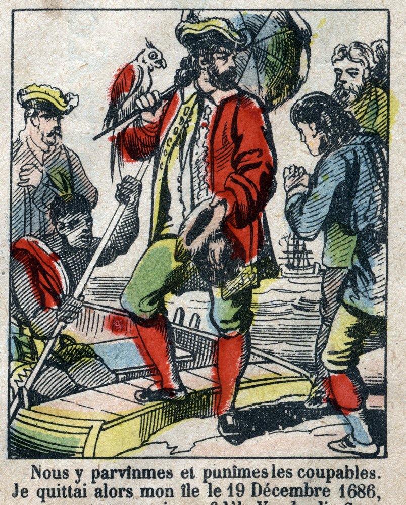 Illustration für das Buch von Daniel Defoe "Robinson Crusoe". Epinal imagery aus dem späten 19. Jahrhundert von French School