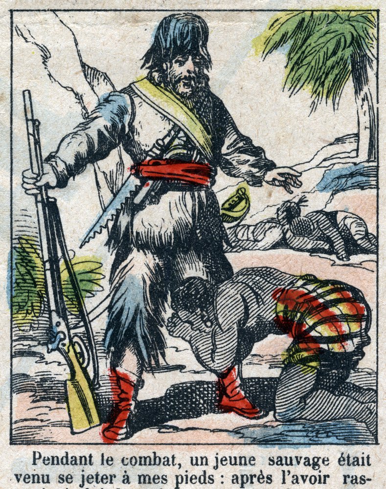 Illustration für das Buch von Daniel Defoe „Robinson Crusoe“. Epinal Imaging aus dem späten 19. Jahrhundert. von French School