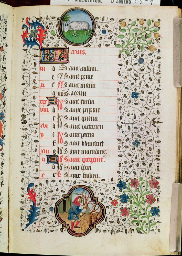 Ms 19 März: Widder und ein Mann, der Bäume fällt, aus einem Stundenbuch, frühes 15. Jahrhundert von French School