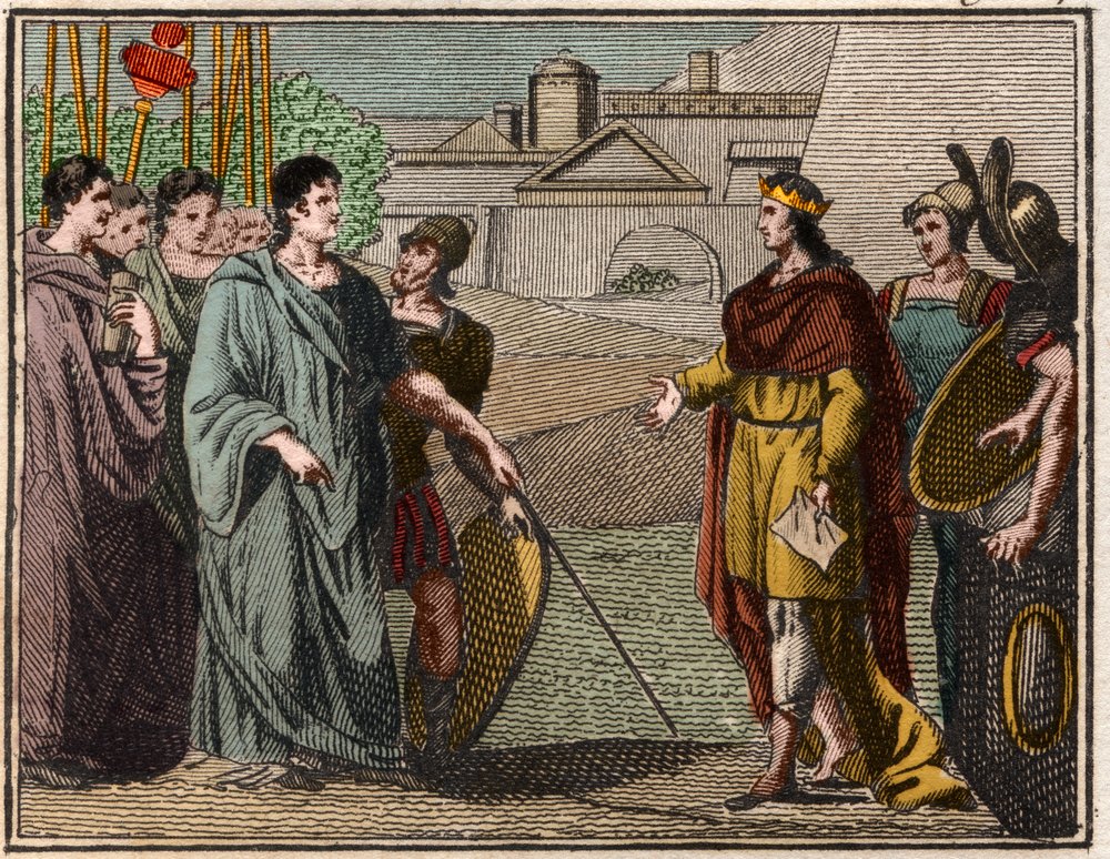 Numa Pompilius, legendärer zweiter König von Rom, gibt den heiligen Schild an die Priester des Mars zurück von French School