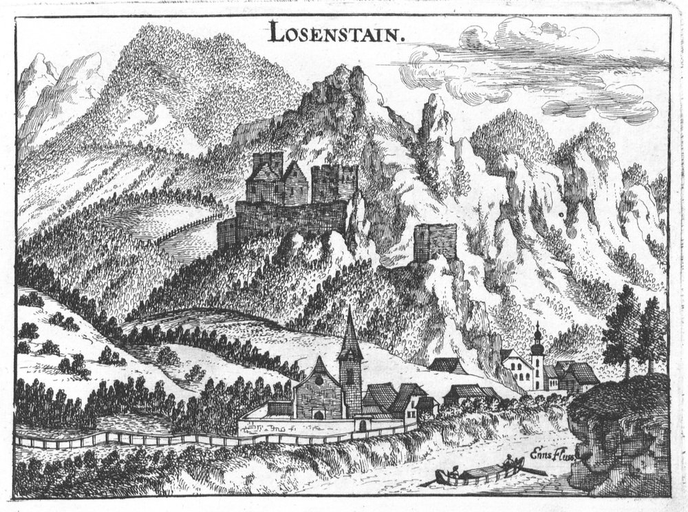 Gravur, Ansicht von Schloss Losenstein, Oberösterreich von Georg Matthaus Vischer