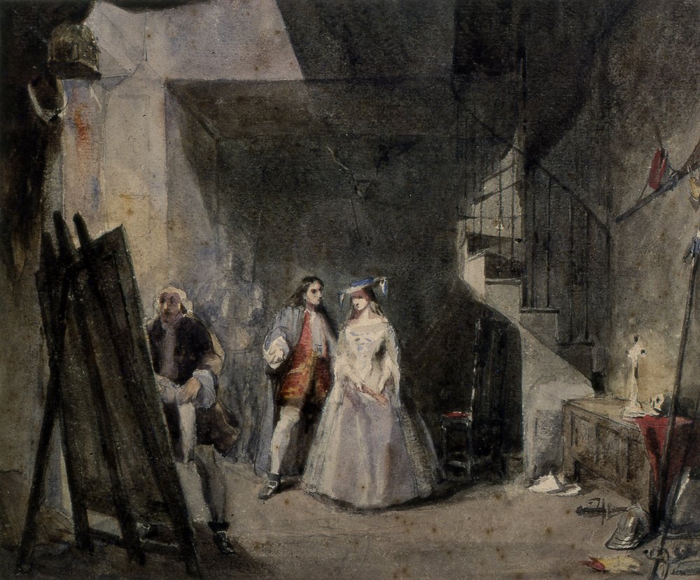 Innenraum eines Künstlerateliers mit Figuren in Kostümen des 18. Jahrhunderts von George attr. to Cattermole