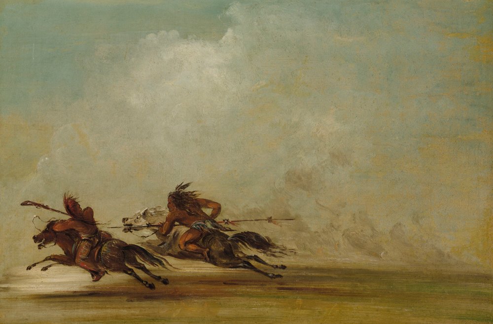 Comanche-Krieger, der einen Osage im vollen Galopp lanziert von George Catlin